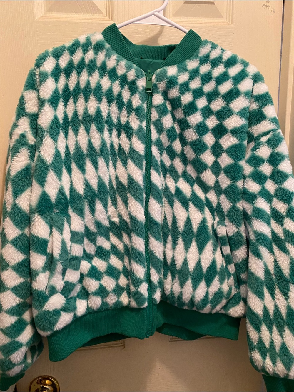 Kids Plush Bomber Jacket - Green & White Checker